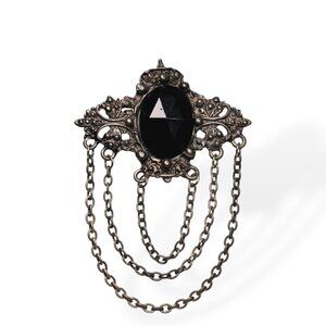 Vintage Gothic Revival Black Glass Brooch Chain Drape Statement